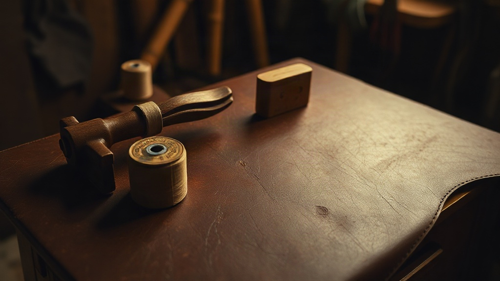 Leather workshop bench with tools